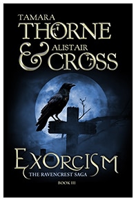 Book cover for Exorcism by Tamara Thorne & Alistair Cross: A large black raven sitting on a tombstone shaped like a cross with a dark blue sky and full moon.