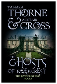 Book cover for The Ghosts of Ravencrest by Tamara Thorne & Alistair Cross: A mansion set behind a beautiful green lawn at dusk.