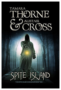 Book cover for Spite Island by Tamara Thorne & Alistair Cross: A man walking at night on a bridge while holding a lantern in front of him and dead trees surrounding his silhouette.