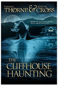 A ghostly woman hovering over a lake in front of a log cabin
