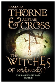 Book cover for The Witches of Ravencrest by Tamara Thorne & Alistair Cross: A large tree with a hanging rope tied around a thick limb and small birds flying in the background.